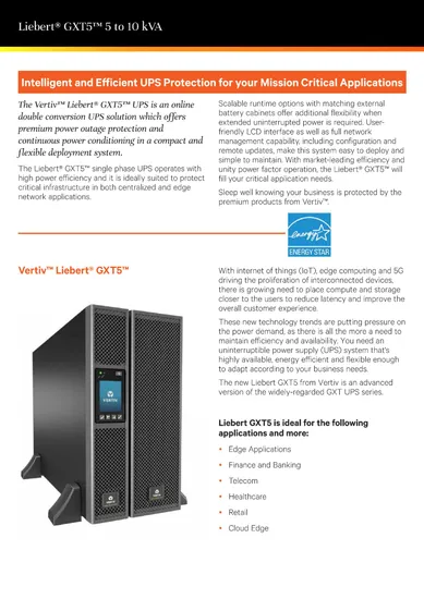 Vertiv Gxt5-5000hvrt5uxln Online High Frequency Chain Pure Sine Wave Rack (5U) /Tower 5kVA Intelligent UPS (UL model)